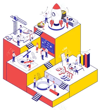 业务启动彩色背景与活跃的人搜索loupe拼图块和齿轮等距图标插图