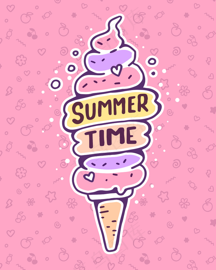 矢量彩色插图非常高的冰淇淋与粉红色的背景上的题词。夏季