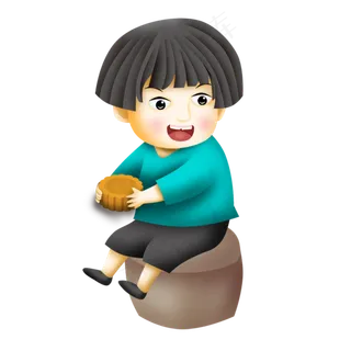 小男孩坐着吃月饼 