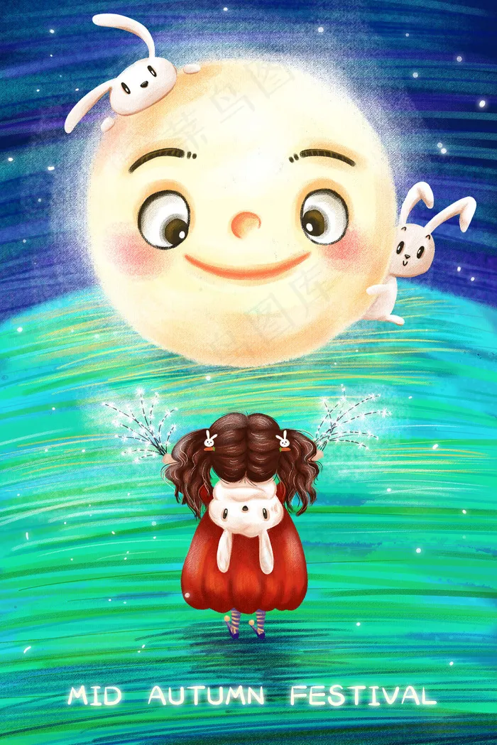 中秋节月亮女孩兔子夜晚星星星空草地中秋插(3545*5315px 300 dpi )psd模版下载