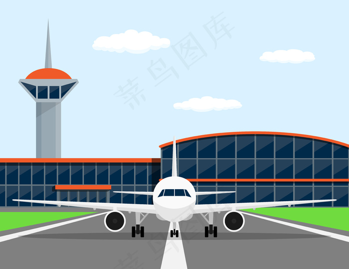 机场前跑道上的民用飞机图片，风格插图