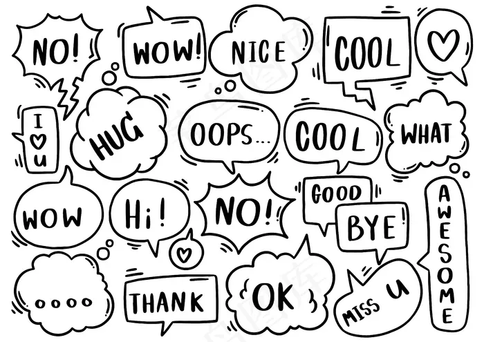 手绘背景集可爱的语音泡沫与涂鸦风格的文本eps,ai矢量模版下载