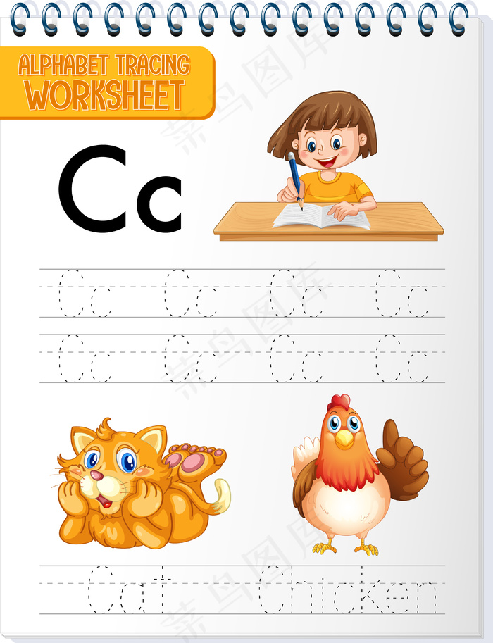 带有字母和词汇的字母表跟踪工作表eps,ai矢量模版下载