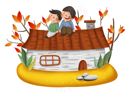 秋游农村房屋和人物