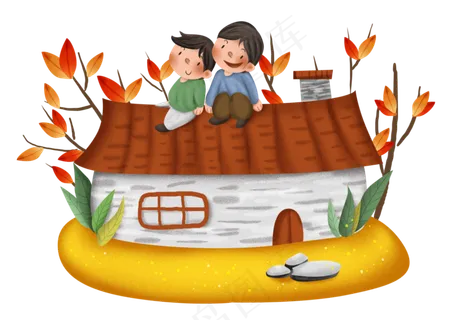 秋游农村房屋和人物