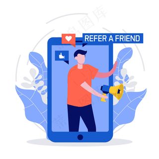 用智能手机和扩音器介绍朋友概念。人们分享关于推荐的信息并赚钱。