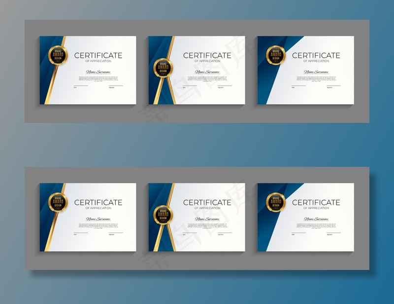 蓝色和金色成就证书模板，背景为金色徽章和边框