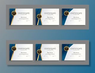 蓝色和金色成就证书模板，背景为金色徽章和边框