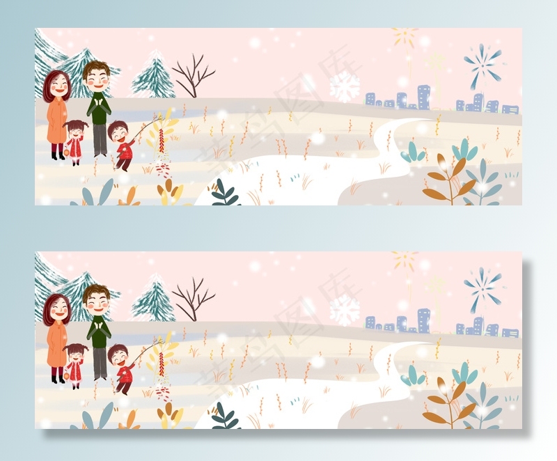 春节户外放鞭炮的一家人