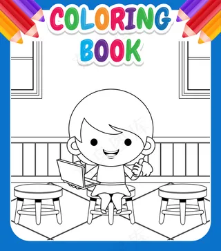 儿童彩绘书。卡通可爱的小女孩拿着笔记本电脑在教室里演示