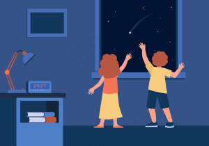 儿童与流星一起观看夜空的后视图