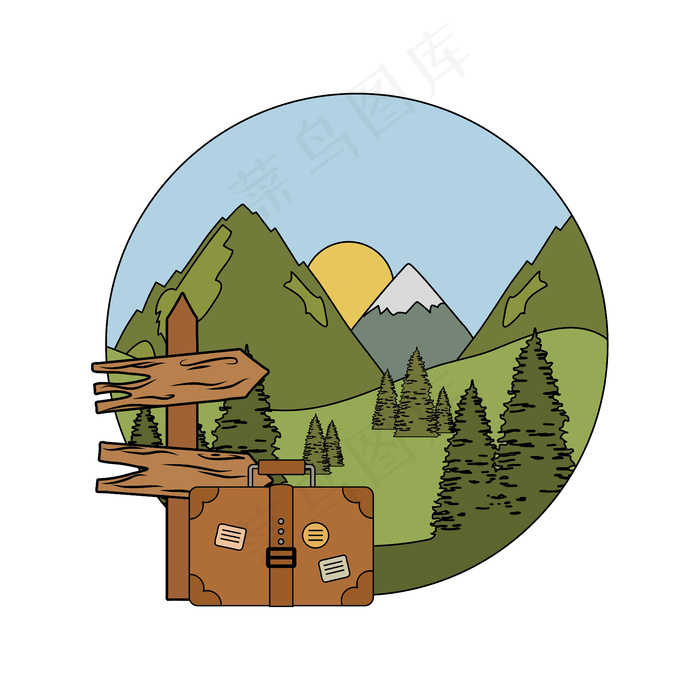 带松树的木制箭头指南标签