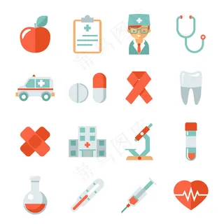 医药保健图标。医院和医生，苹果和牙齿，烧瓶和石膏，心跳和显微镜，矢量图
