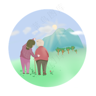 卡通手绘重阳节看望老人矢量元素