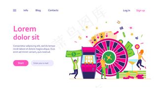 人们玩扑克和赢钱。有轮盘赌、吃角子*和筹码的赌徒。在线赌场、扑克俱乐部、21点、赌博概念的矢量插图