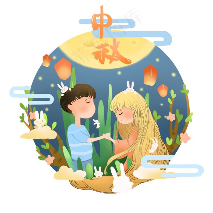 中秋商用少女赏月祈福手绘唯美中