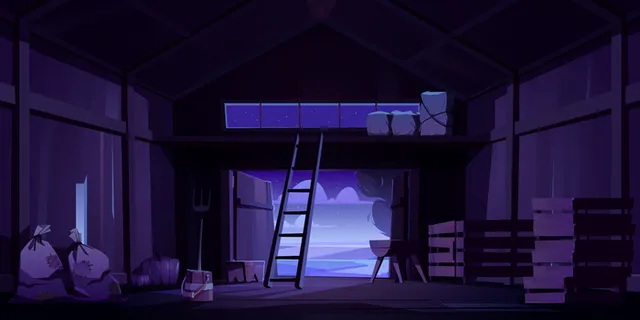 农场的谷仓，晚上有收成、稻草和干草