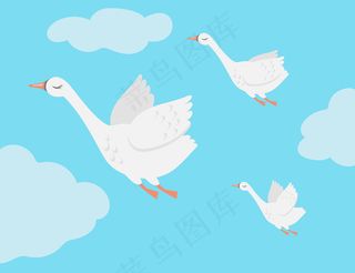 一群天鹅在天空飞翔的卡通插画。鹅一家一起迁徙到温暖的国家
