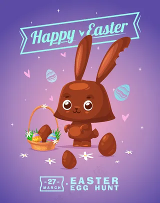 复活节快乐贺卡与巧克力兔子和鸡蛋。矢量卡通插图。可爱时尚的角色。矢量股票插图。
