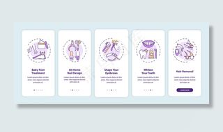 家装美容程序，带概念的手机app手机app移动应用程序app页面屏幕。婴儿足部治疗，指甲设计走5步图形说明。带有rgb颜色插图的ui模板