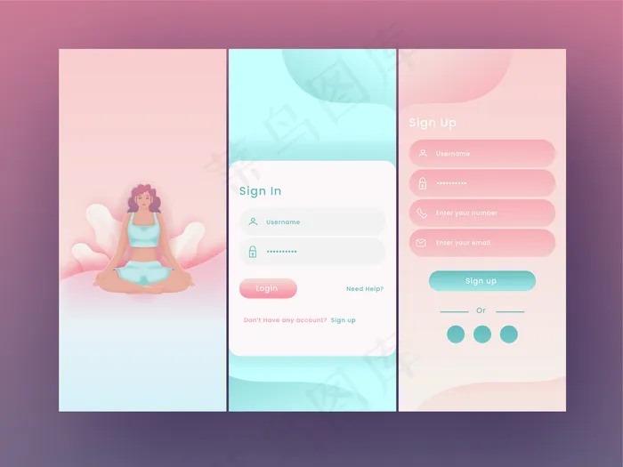 瑜伽或健身应用程序app启动屏幕，包括登录、注册移动用户界面eps,ai矢量模版下载