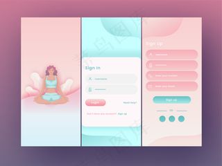 瑜伽或健身应用程序app启动屏幕，包括登录、注册移动用户界面