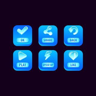 带有果冻图标的方形冰按钮集，用于游戏ui资源元素