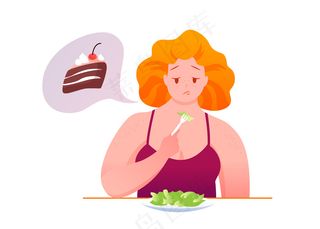 悲伤的胖女人吃绿色沙拉，梦见一块不健康的巧克力