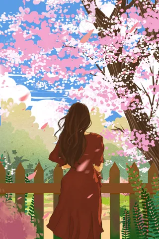 夏至春天樱花女孩唯美踏青旅游漫画风粉色系