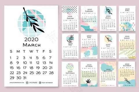 手绘花卉日历2020模板