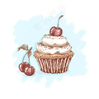 樱桃蛋糕加奶油和樱桃浆果。糖果和甜点。素描