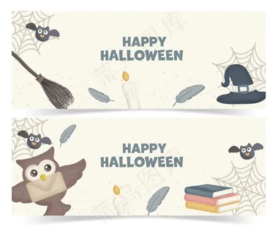 一套带有可爱猫头鹰和魔法元素的万圣节横幅banner。