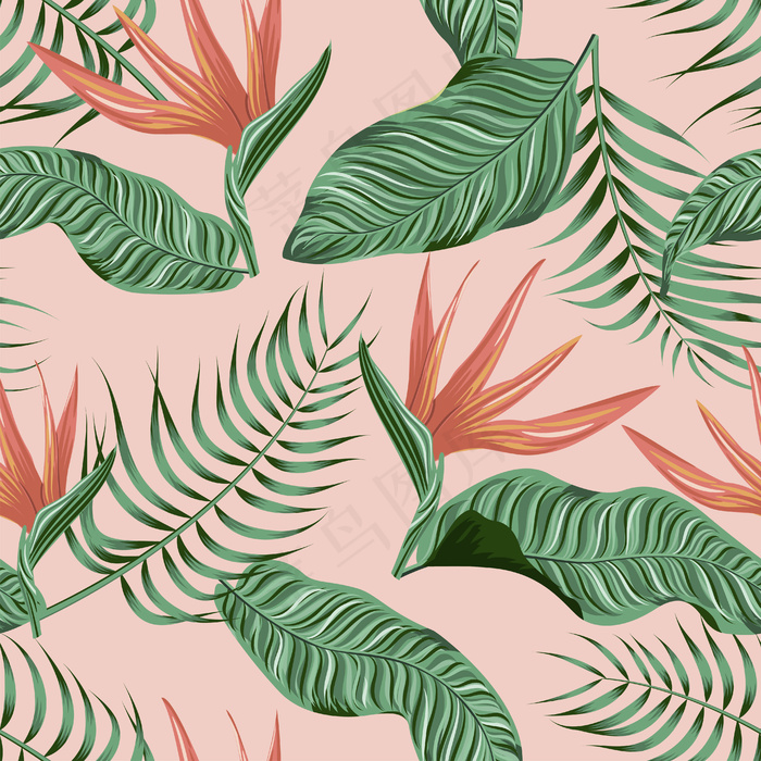 热带叶子，热带背景的无缝花卉图案
