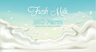 以蓝天为背景，洒下bio fam的鲜奶。放置文本。