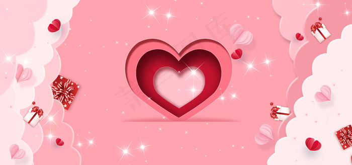 简约七夕情人节剪纸立体爱心背景