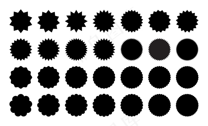 一套不同的贴纸。黑白贴纸系列、徽章、邮票