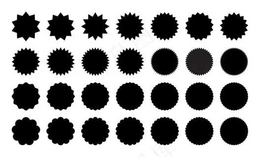 一套不同的贴纸。黑白贴纸系列、徽章、邮票