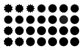 一套不同的贴纸。黑白贴纸系列、徽章、邮票