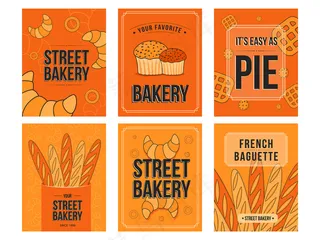 烘烤宣传单,DM传单。羊角面包、松饼、面包插图，橙色背景上有文字。