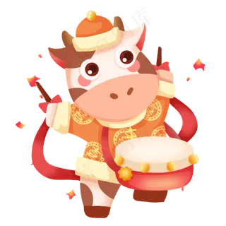 可爱奶牛牛年敲鼓小牛