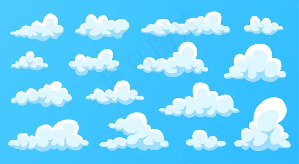 蓝色背景下的云层被孤立了。简单可爱的卡通设计。