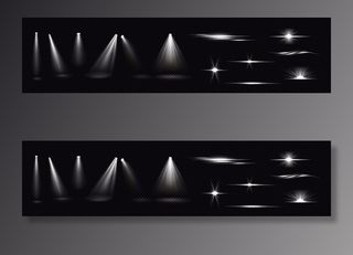 聚光灯和闪光灯发出的光束隔离在透明背景上。逼真的闪光效果、明亮的白色光线和带有火花的眩光。放映机的闪光和闪光