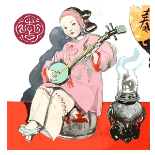 传统人物清朝乐师弹奏喜庆