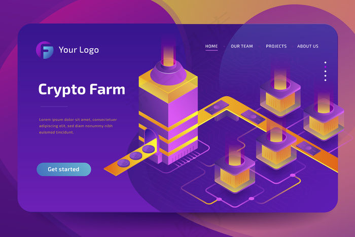 加密货币采矿场。比特币的创造。等距