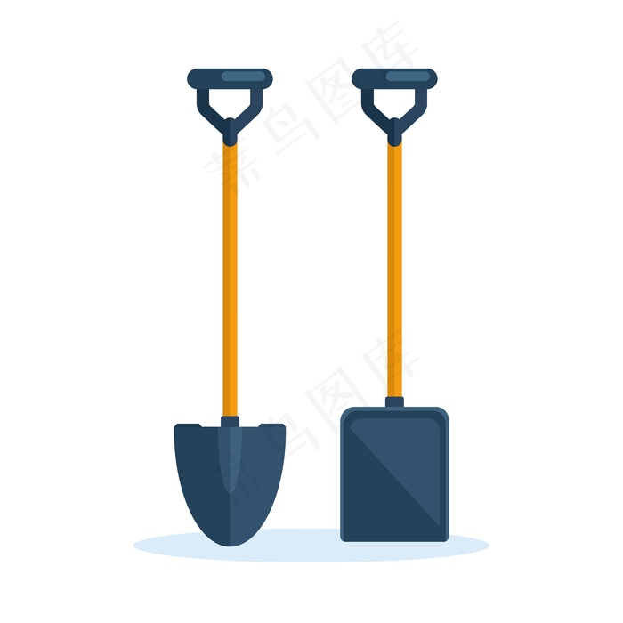 铁锹，背景是铁锹。园艺工具，挖掘元件，农场设备。春季工作。卡通
