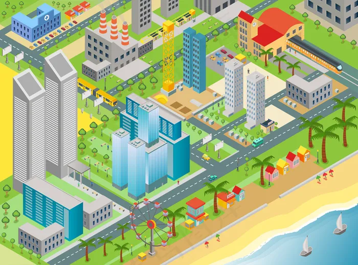 城市地图的等距图，包括现代建筑和带游乐园的海滩区eps,ai矢量模版下载