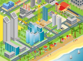 城市地图的等距图，包括现代建筑和带游乐园的海滩区