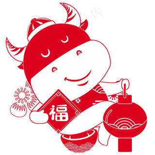 手提灯笼剪纸牛