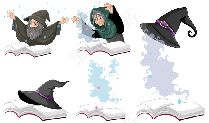 一套巫师或巫师的魔法帽，孤立在白色背景上eps,ai矢量模版下载