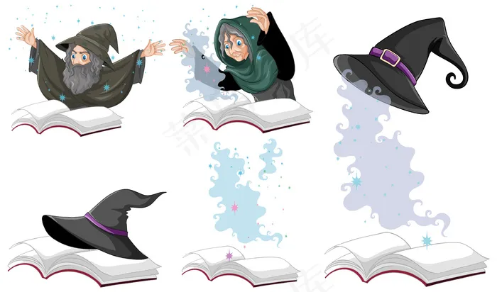 一套巫师或巫师的魔法帽，孤立在白色背景上eps,ai矢量模版下载